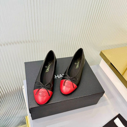 Chanel Crumpled Shiny Cap Toe CC Ballerina Flats Black Red