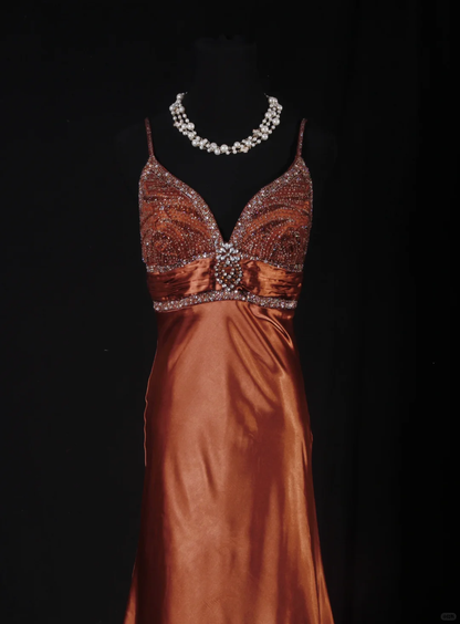 Elegant Caramel Satin Deep V-Neck Beaded Evening Gown TP5414