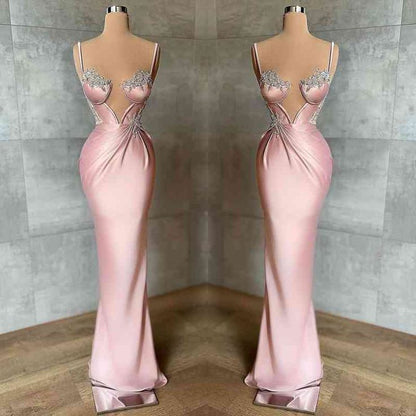 Girlhomeshops-Pink Beaded Elegant Long Satin Ball Gown Evening Dress Party Dress gh5030