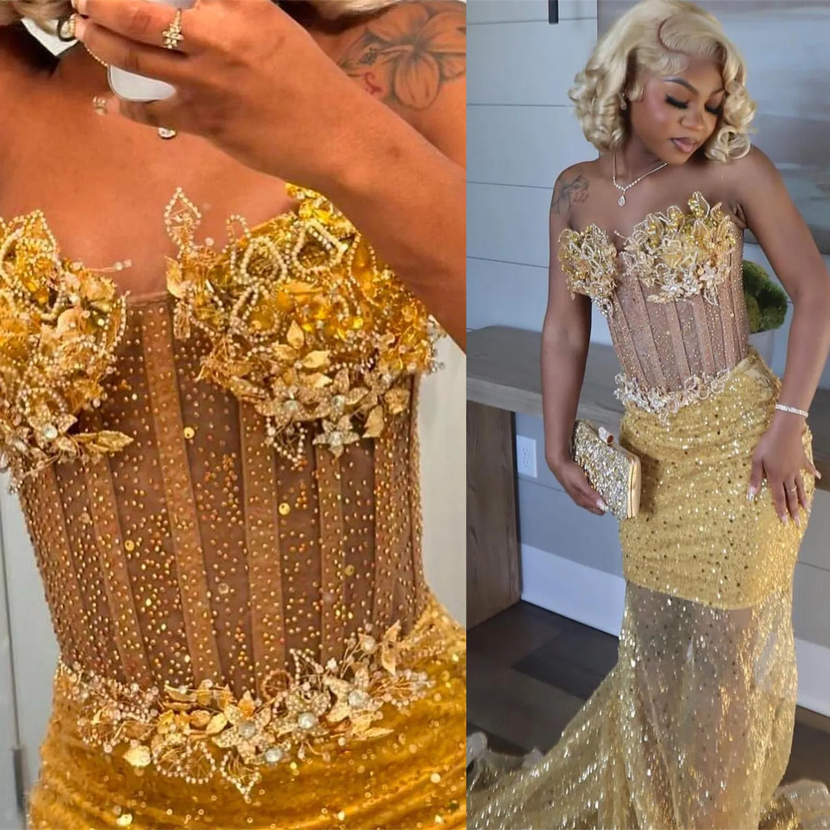 Gold Mermaid Prom Dress Evening Formal Party Birthday Engagement Gowns