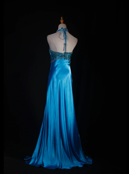 Elegant Halter V Neck Satin Beaded Prom Dress Blue Mermaid Slit Long Party Gowns