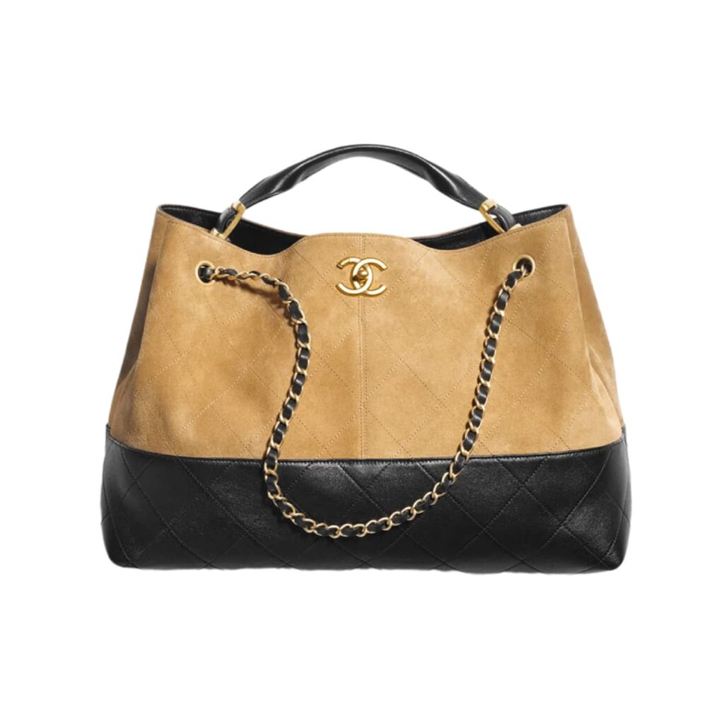 Chanel Shopping Bag Shiny And Gold Tone Metal Beige Black 36Cm AS5657 B20827 U1536