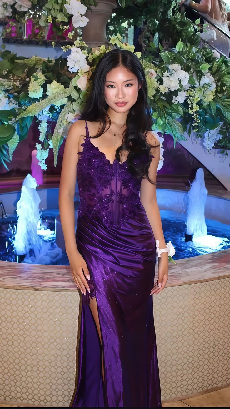 Glamorous Purple Satin Spaghetti Strap Evening Dress TP5714