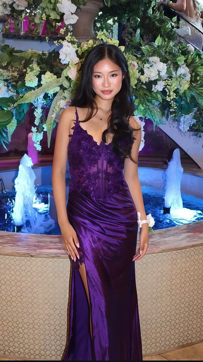 Glamorous Purple Satin Spaghetti Strap Evening Dress TP5714