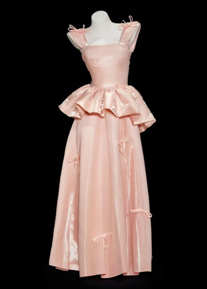 Pretty Pink Off The Shoulder Satin Long Birthday Party Dress Prom Gown With Bow