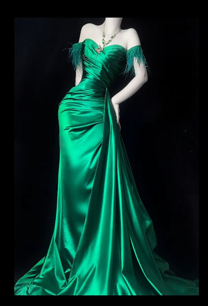 Trendy Off The Shoulder Satin Pleated Mermaid Evening Dress Green Long Party Gown