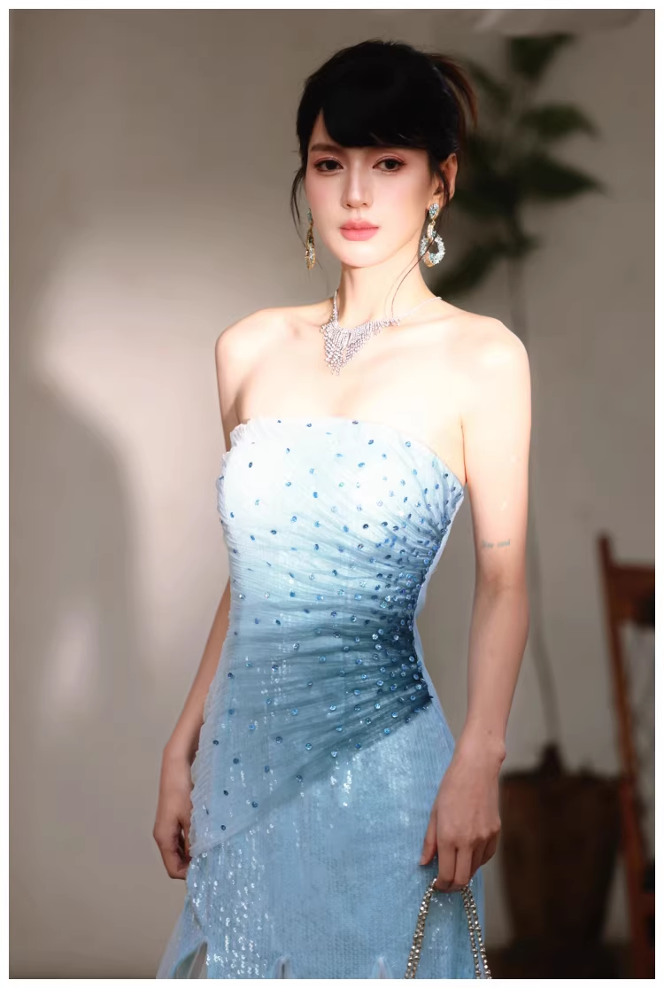 Charming Strapless Blue Tulle Sequin Beaded Mermaid Long Evening Dress Birthday Party Gown
