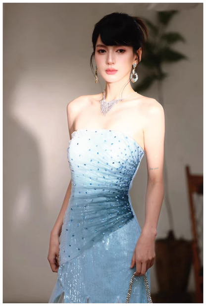 Charming Strapless Blue Tulle Sequin Beaded Mermaid Long Evening Dress Birthday Party Gown