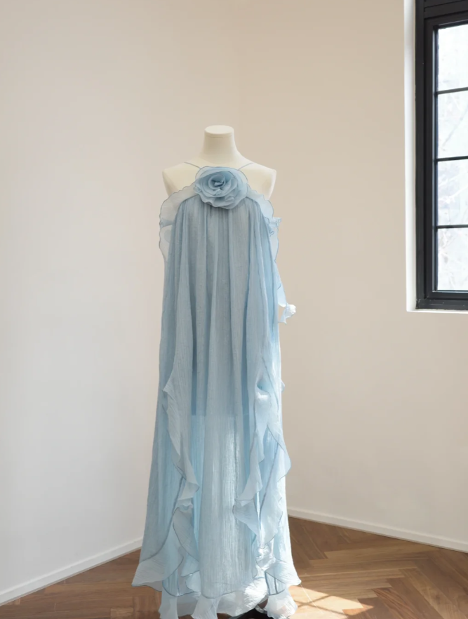 Pretty Spaghetti Straps Blue Chiffon Ruffle Long Party Dress Prom Gown