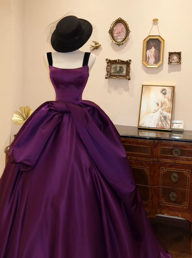 Vintage Purple Ball Gown Spaghetti Straps Satin Pleated Formal Quinceanera Dress SP1664