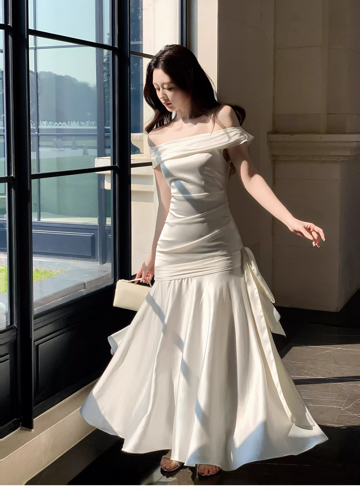 Charming Off The Shoulder White Satin Pleated Mermaid Long Evening Dress Birthday Dress SP1642