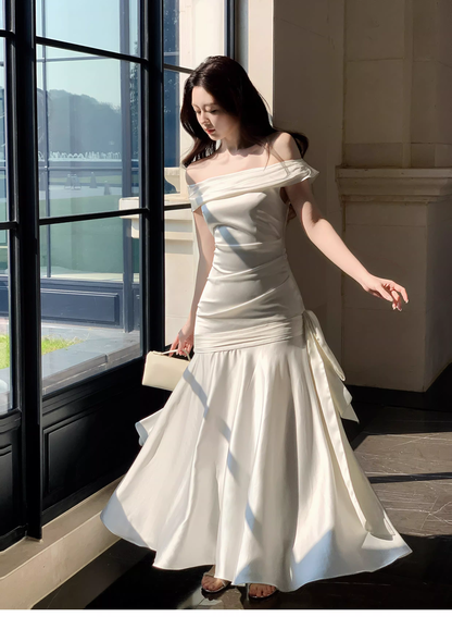 Charming Off The Shoulder White Satin Pleated Mermaid Long Evening Dress Birthday Dress SP1642