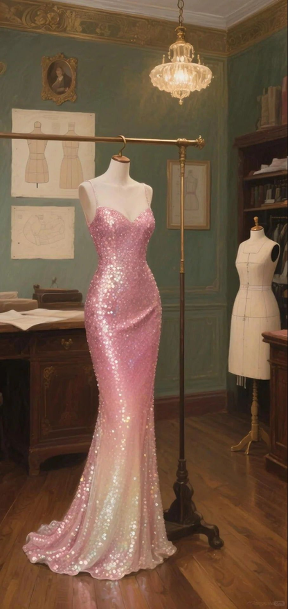 Sparkly Spaghetti Straps Pink Sequin Mermaid Long Party Dress Evening Gown