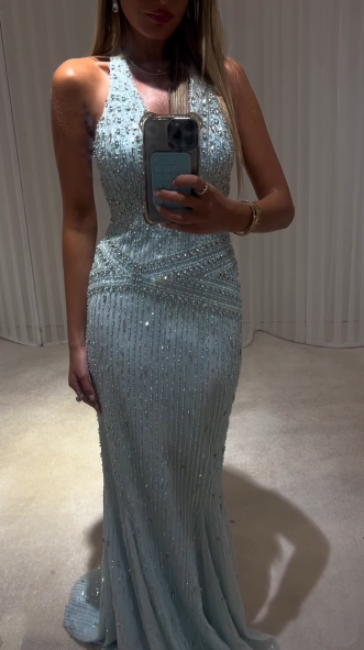 Gorgeous Halter V Neck Blue Satin Sequin Beaded Mermaid Long Party Dress Evening Gown SP1868