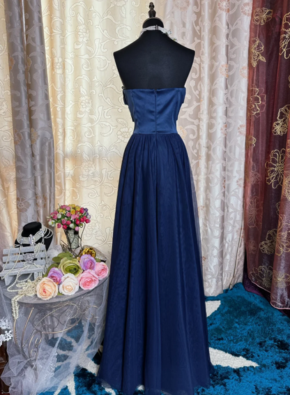 Simple Strapless Satin Tulle A Line Long Wedding Guest Dress Navy Blue Evening Dress Prom Gown SP1620