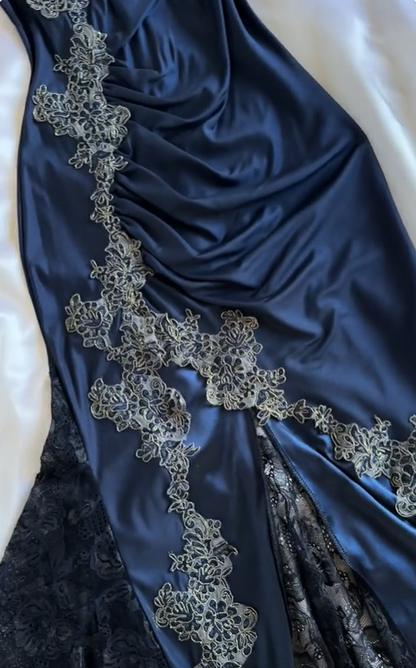 Vintage Navy Blue Satin Lace Appliques Mermaid Evening Dress Prom Dress Y8497