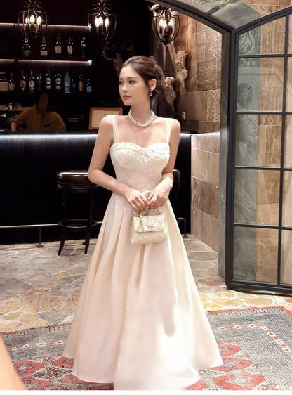 Pretty Bow Satin Lace A Line Long Evening Dress White Wedding Guest Dress SP1540