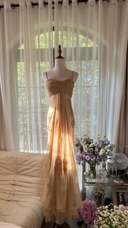 Light brown halter-neck long ball gown R7756