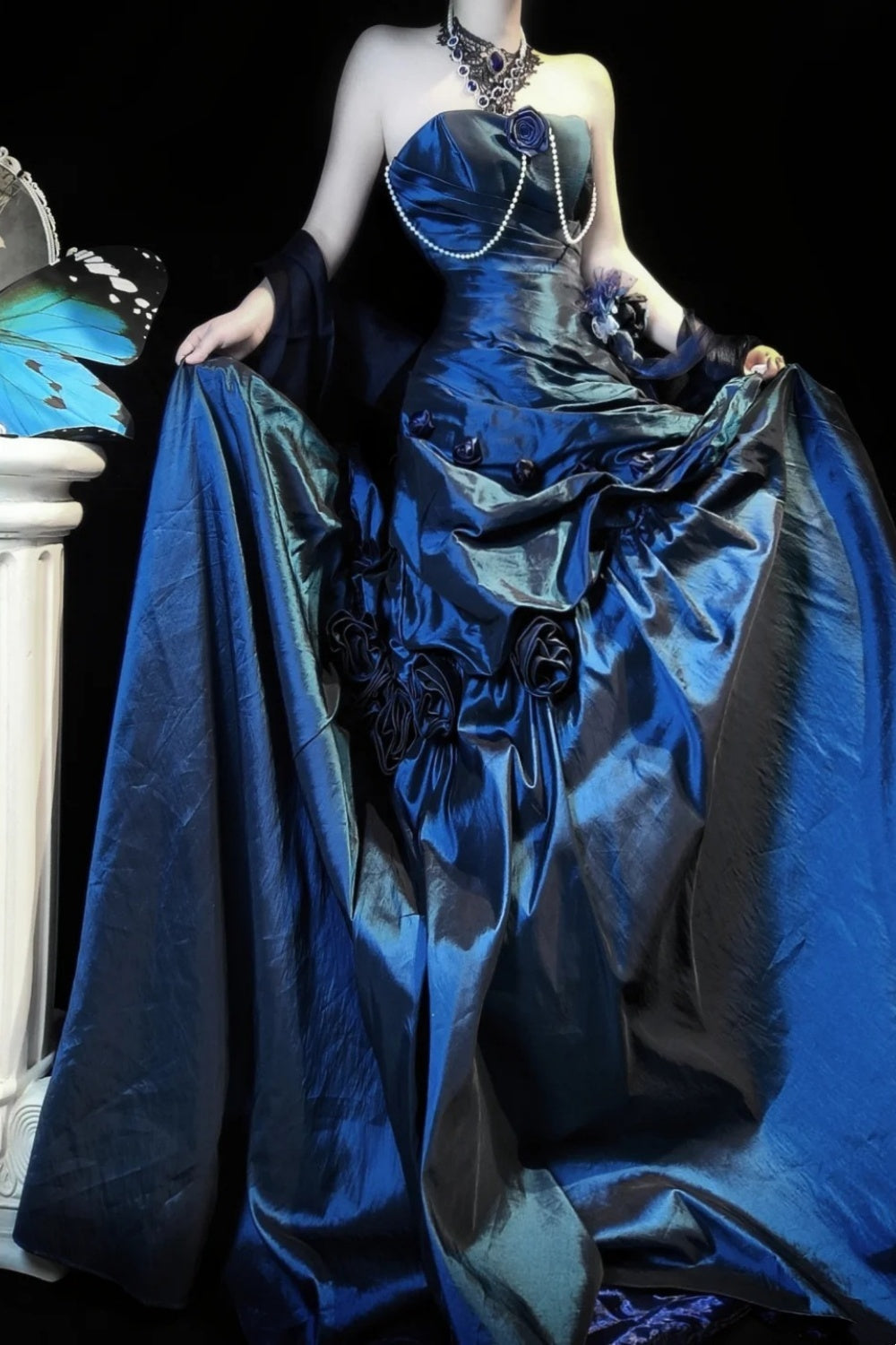 Vintage-style elegant blue taffeta long ball gown gh6845