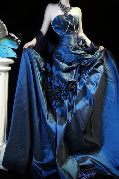 Vintage-style elegant blue taffeta long ball gown gh6845