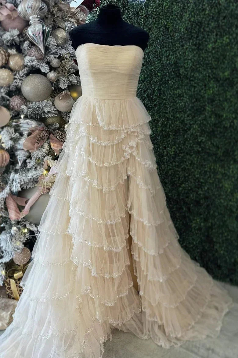 off shoulder light blue sequined layered A-line long dress