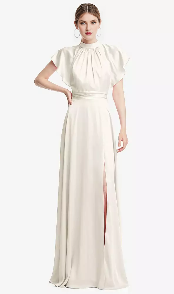 Wrinkled stand collar with ruffled sleeves backless long Prom dress