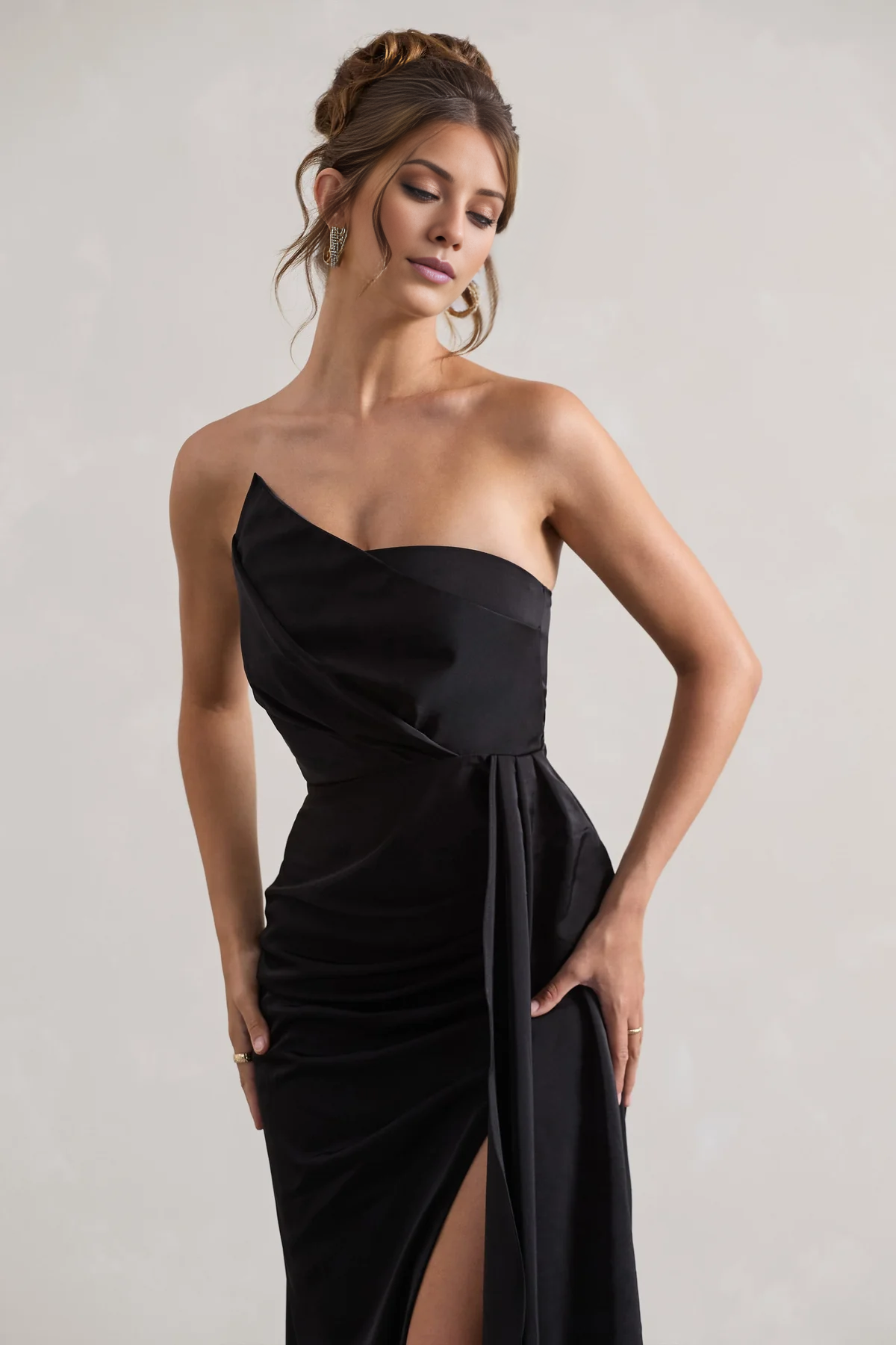 Satin strapless backless slit and floor length evening dress - Dress