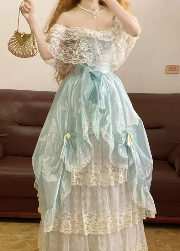 Light Blue Off-the-Shoulder Lace-Trimmed Waist-Cinched Bud Skirt Ball Gown, Bridal Gown R7341