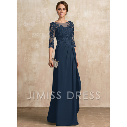 A-shaped Scoop Illusion floor mopping chiffon lace ribbon bead sequins layered ruffles mother of the bride dress