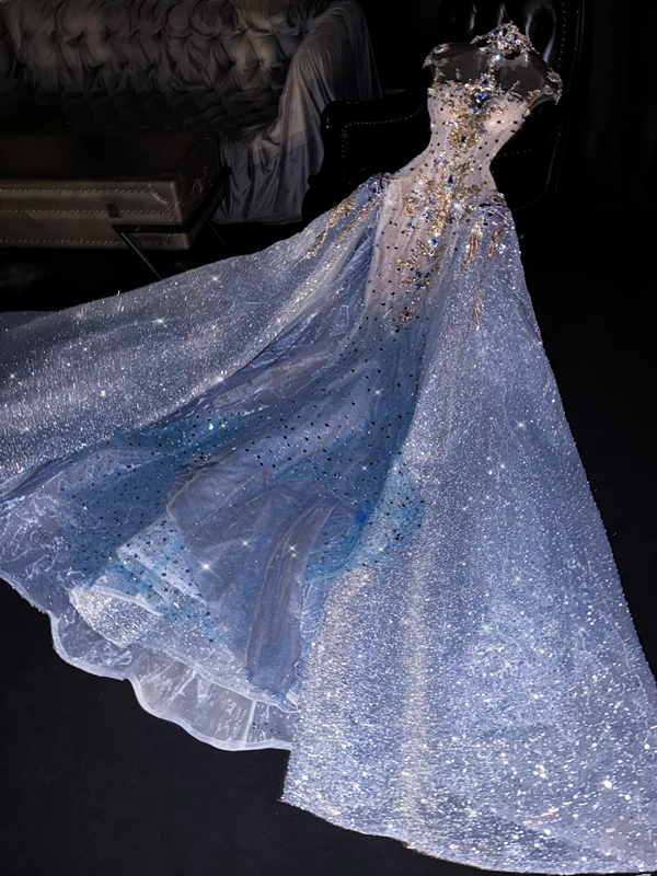 Light blue sleeveless fitted long sexy ball gown, bridal dress R8707