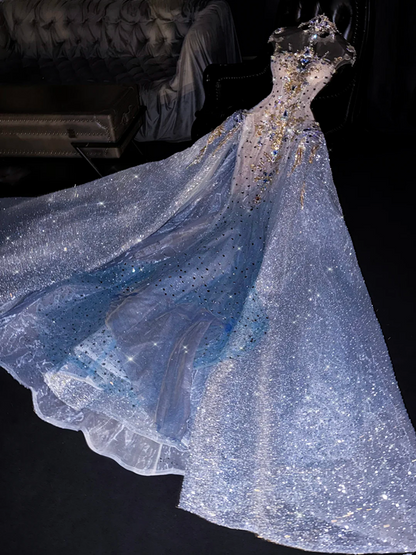Light blue sleeveless fitted long sexy ball gown, bridal dress R8707