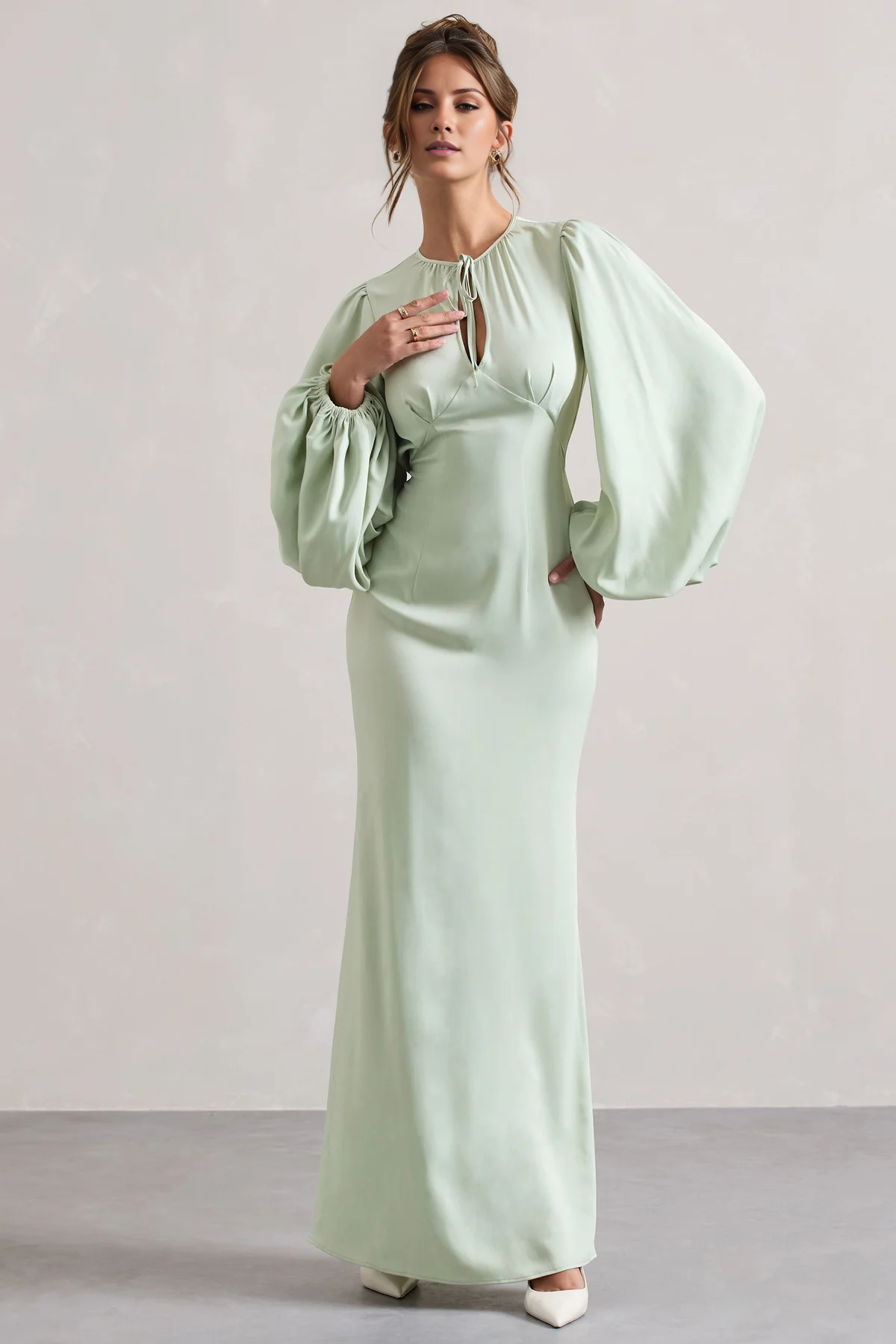 Bubble sleeve hollow round neck and floor length evening dress - dress