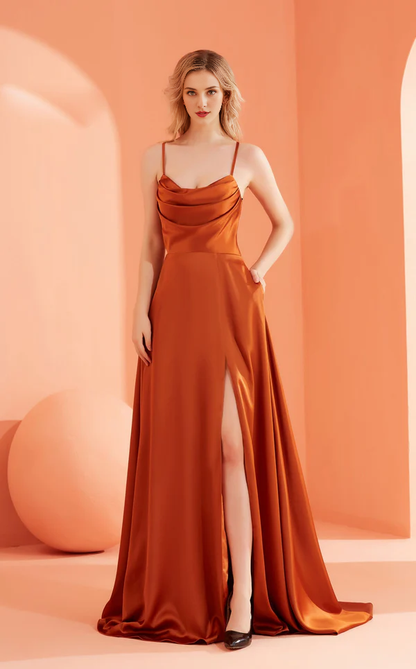 A-line square neckline sleeveless thin shoulder strap with side slits and floor length Prom dress