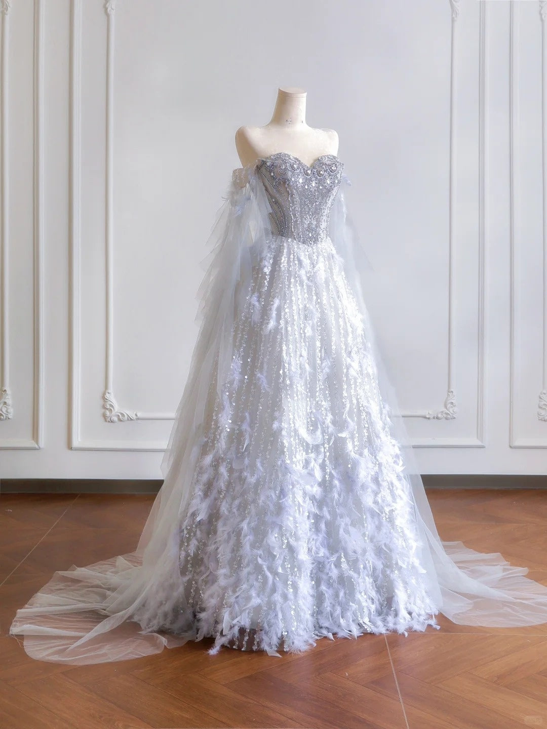 Girlhomeshops--Gray purple gorgeous feather tulle and diamond exquisite beading long tulle prom dress wedding dress gh5486
