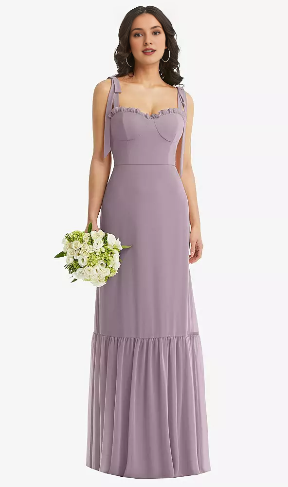 Shoulder tie tight corset ruffled hem Prom dress