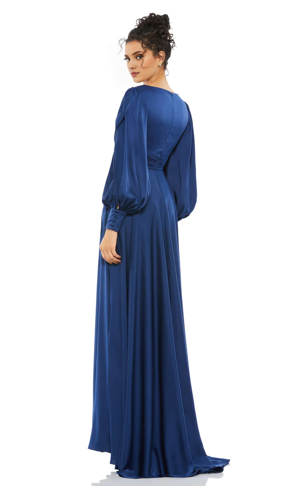 A-line V-neck satin long sleeved back zipper and floor length Prom dress