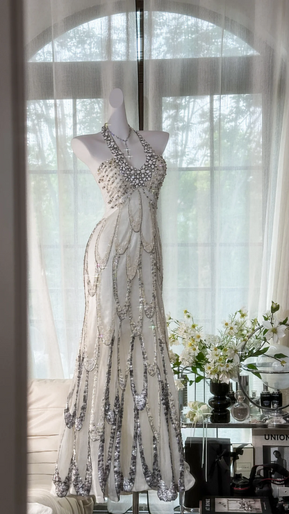 White halter-neck, fitted waist, long, elegant sequined ball gown R7644