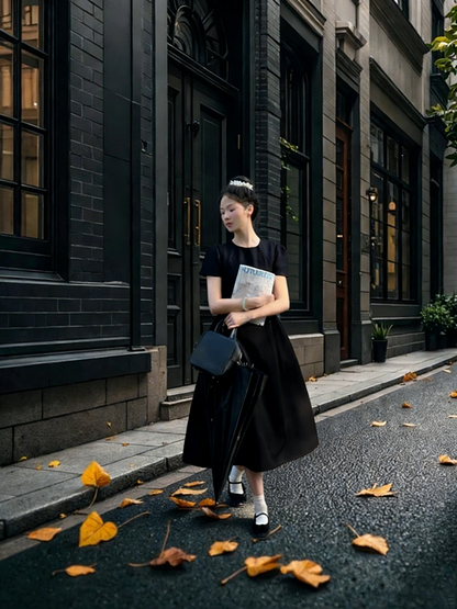 Black round neck fitted A-line long ball gown R8022