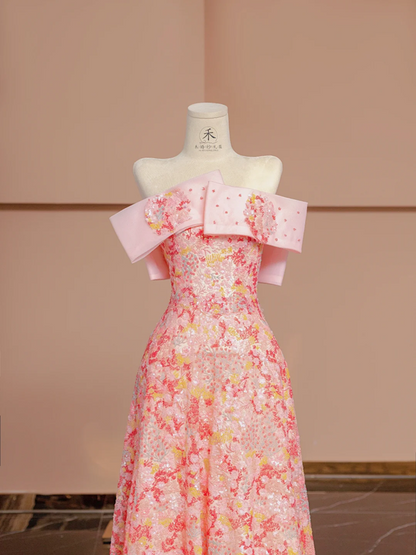 Pink floral print off-the-shoulder fitted A-line long ball gown/bridal dress R8395
