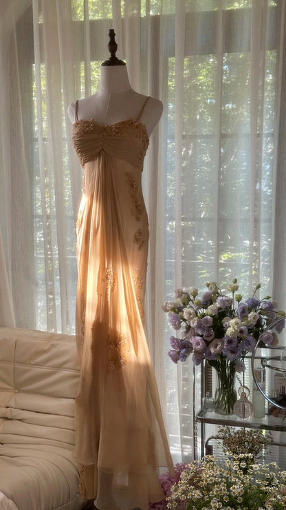 Light brown halter-neck long ball gown R7756