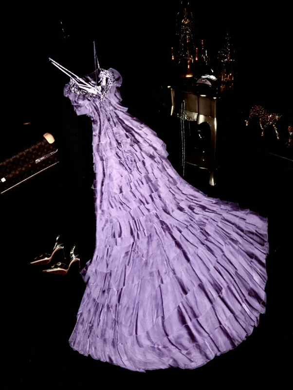 Purple halter-neck, tiered, long ball gown R6969