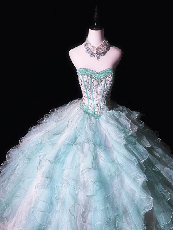 Light blue strapless, fitted waist, full skirt, long ball gown R8677