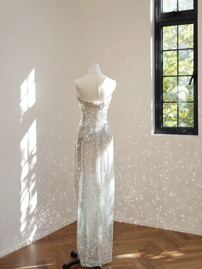 Silver strapless fitted long ball gown, bridal dress R8521