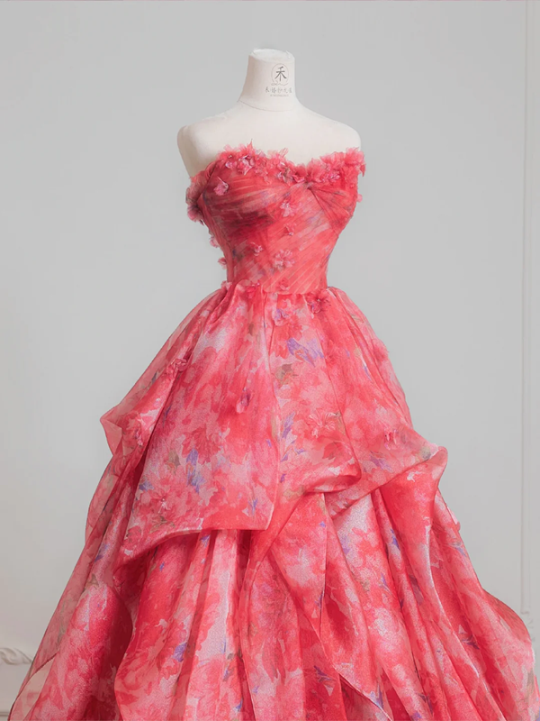 Pink floral strapless cinched waist ball gown with a full skirt R8230