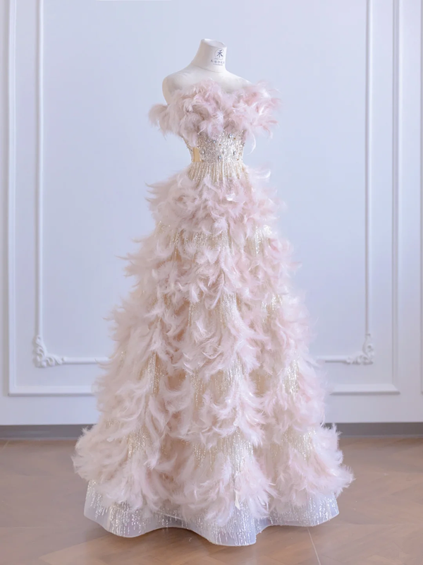 Light pink strapless feather design, rhinestone base, long sexy ball gown/bridal dress R8280