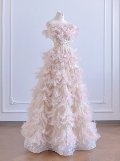 Light pink strapless feather design, rhinestone base, long sexy ball gown/bridal dress R8280