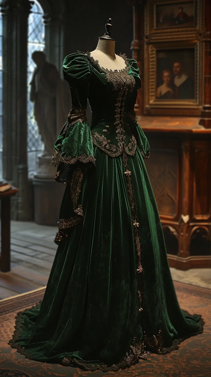 Green square neckline fitted waist elegant classic ball gown R7202