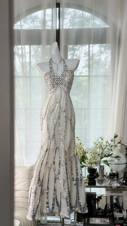 White halter-neck, fitted waist, long, elegant sequined ball gown R7644