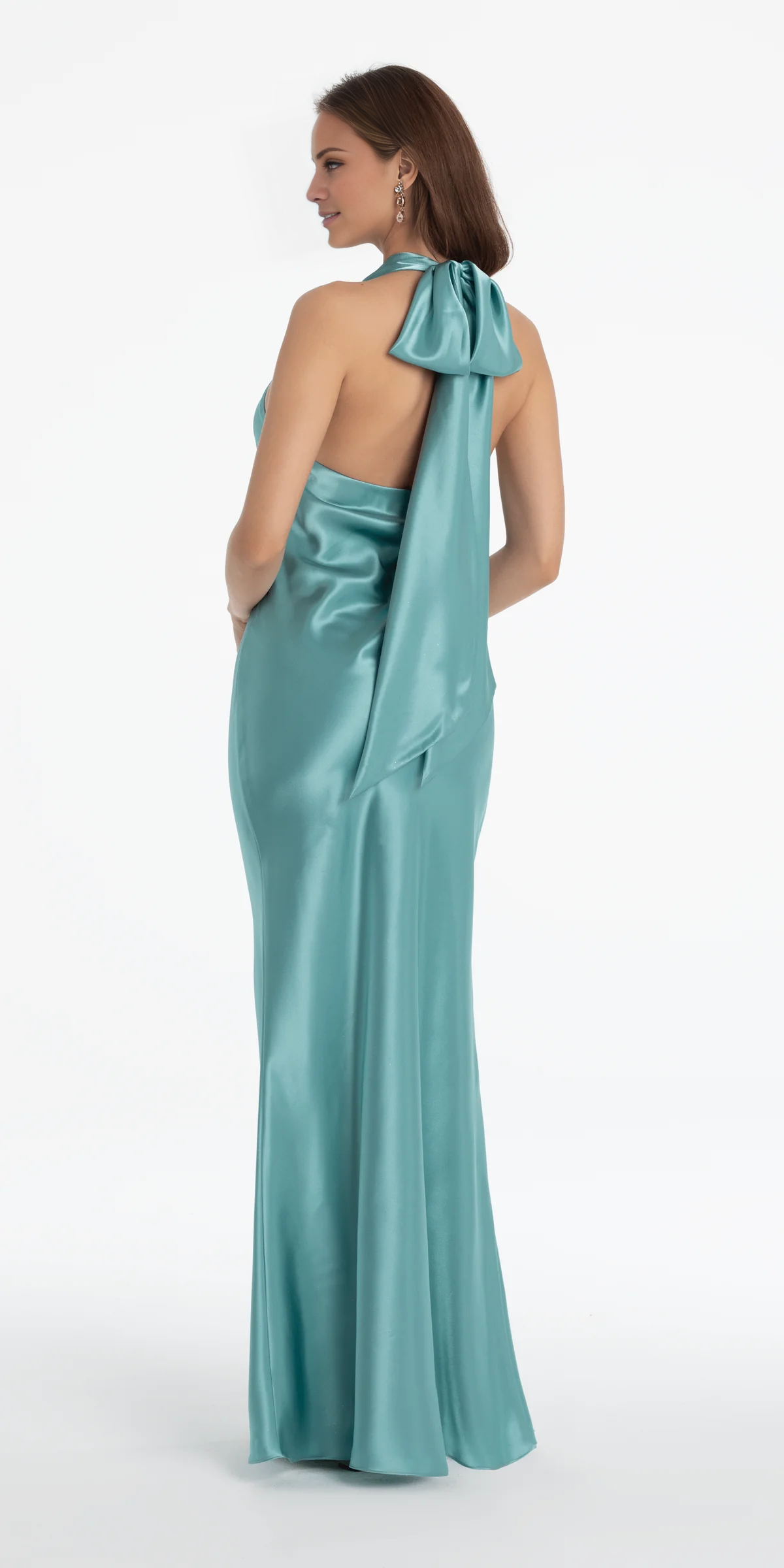 halter neckline satin sleeveless off shoulder and floor length Prom dress