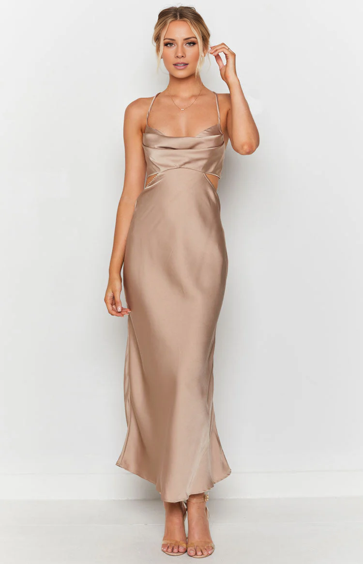 collar neckline thin shoulder strap backless satin long Prom dress